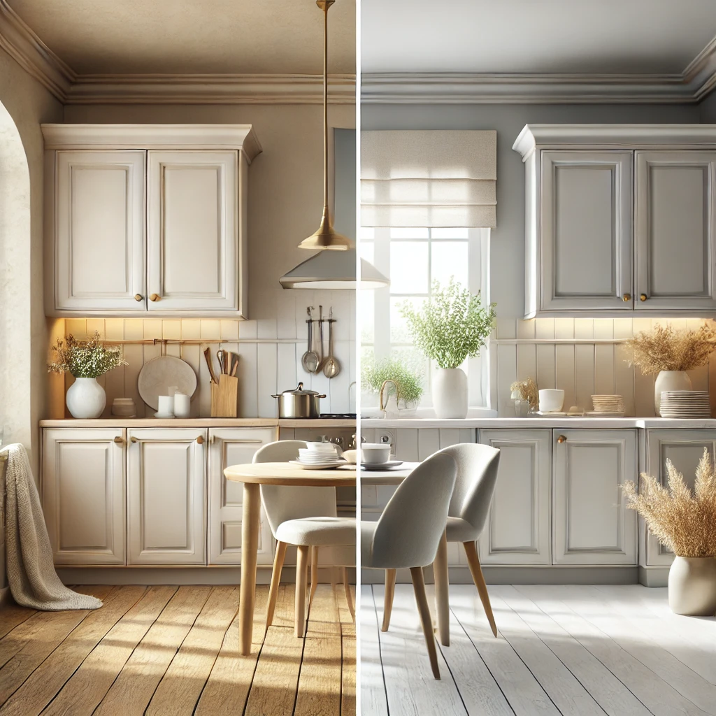 A welcoming and modern kitchen setting with freshly painted cabinets in a soft, neutral tone, featuring a clean and polished countertop, natural light